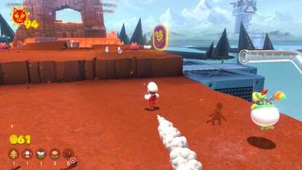 (Clockwise from top left) Grab the first medal and ride Plessie all the way to the Wasteland Giga Bell. Grab the medals on-foot and then leap into the sea for the final stretch