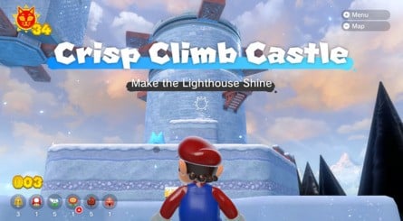 (Clockwise from top left) Grab a Propeller Box and start floating. You'll need to time your jumps to catch the windmills at the right time, and towards the top of the second tower, a leap of faith is required – just follow the gold rings and then press the jump button at the right moment. The Shine awaits at the top of the second, larger tower