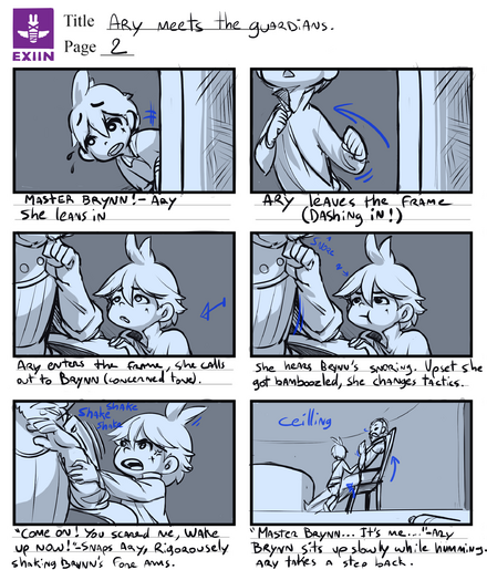 Sebastien was kind enough to show us some development material, including these storyboards and the script sample (below).