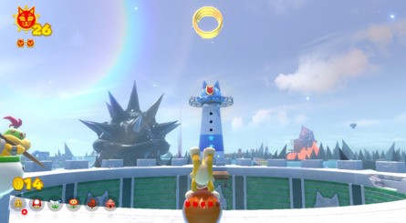 (Clockwise from top left) Climb the finger and pull backwards to 'prime' it, aiming in the direction shown. Release the analogue stick and Mario will fly through the air and collect the shard