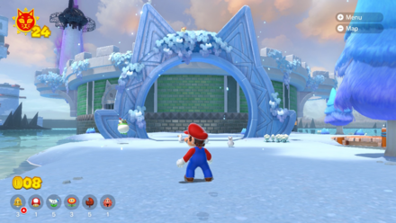 (Clockwise from top left) Enter the colosseum via the opening on the right-hand side. Climb the platform and you'll face Cat Boom Boom. Once defeated, he'll drop a Cat Shine