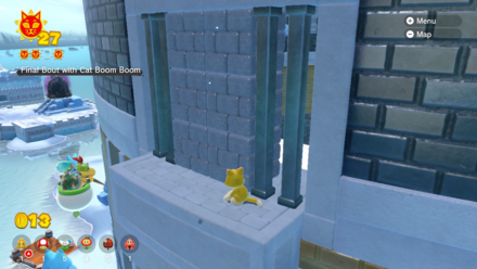 (Clockwise from top left) The opening to the colosseum is bricked up, but you can use the respawning Bob-ombs (and the magical stairs) to fix that. Your final showdown against Cat Boom Boom involves avoiding spikes as well as his attacks