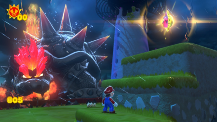 (Clockwise from top left) Head to the left of the ship to reach the Shine. Bowser's fire breath will break the boxes and reveal the stairs.