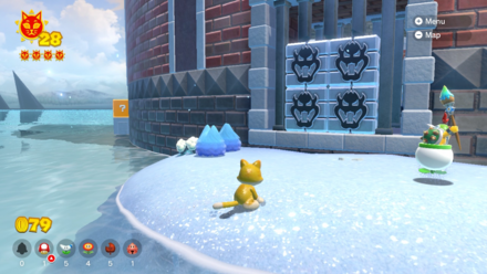 (Clockwise from top left) Once you've finished the third and final boss fight, you'll spot the Cat Shine in the wall. Leave the inside of the colosseum and you'll spot Bowser Blocks on the other side. Once Fury Bowser has unleashed his fire attack, it's yours