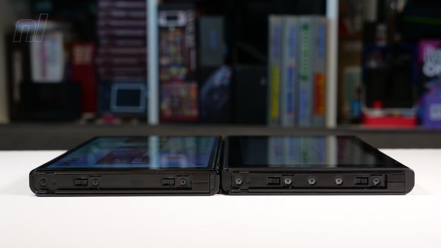 Even the Joy-Con rails are slightly different on the Switch OLED (left).