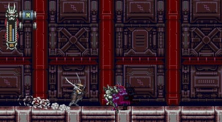 Vengeful Guardian: Moonrider Screenshot Fighting Enemy In Laboratory Corridor