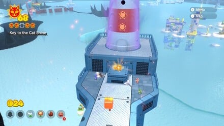 (Clockwise from top left) Use the Propellor boxes to reach the lighthouse with ease. Once at the top, you'll have to give up the Propellor box to hold the key, but as long as you have the Tanooki suit, you can simply float down to the cage from the lighthouse