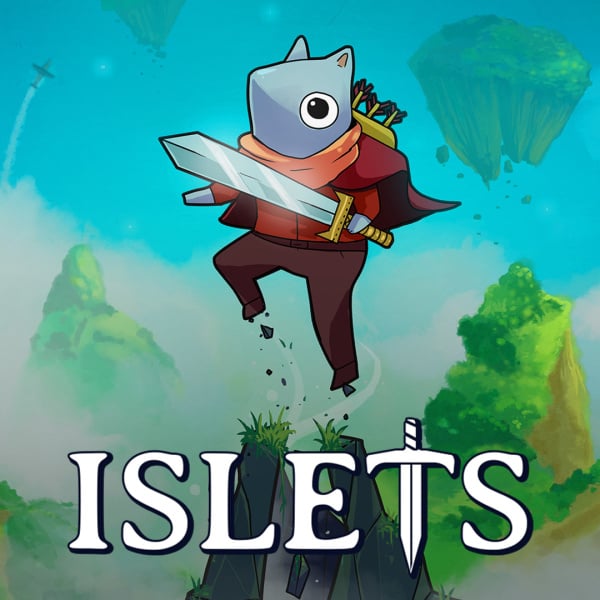 Capa do jogo Islets: com o personagem pulando de uma montanha com um ceu azul de fundo.