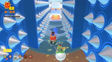 (Clockwise from top left) Push the button to start the challenge, and use the ice skate to get all three sets of blue coins. The Cat Shine awaits at the bottom of the slope