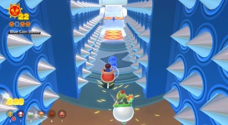 (Clockwise from top left) Push the button to start the challenge, and use the ice skate to get all three sets of blue coins. The Cat Shine awaits at the bottom of the slope