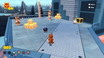 (Clockwise from top left) Be sure to use the Bob-omb to get the Tanooki suit, as it makes this section so much easier. Look for high points on each rotating section and use those to leap onto the next section. Good luck!