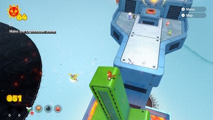 (Clockwise from top left) Be sure to use the Bob-omb to get the Tanooki suit, as it makes this section so much easier. Look for high points on each rotating section and use those to leap onto the next section. Good luck!