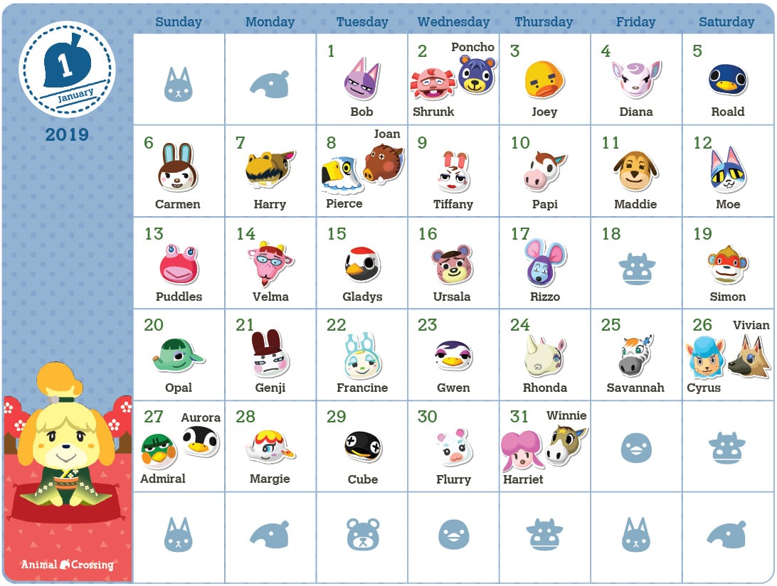Nintendo Releases Printable Animal Crossing Calendar Showing Characters