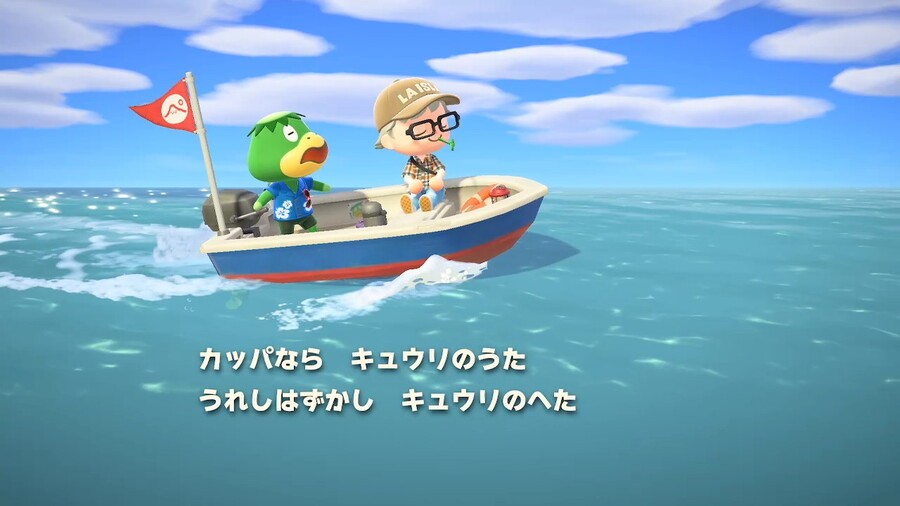 Kappei (Kapp’n) sports a new flag in Atsu-Mori (ACNH) depicting the pe in Kappei disguised as a mountain with the Sun