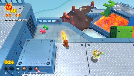 (Clockwise from top left) Use the Propellor boxes to reach the lighthouse with ease. Once at the top, you'll have to give up the Propellor box to hold the key, but as long as you have the Tanooki suit, you can simply float down to the cage from the lighthouse