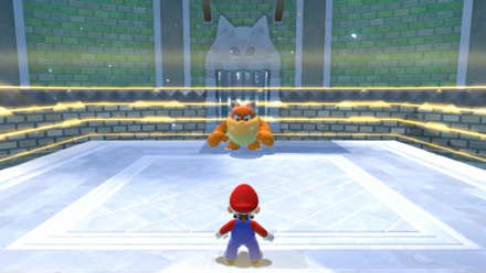 (Clockwise from top left) Enter the colosseum via the opening on the right-hand side. Climb the platform and you'll face Cat Boom Boom. Once defeated, he'll drop a Cat Shine