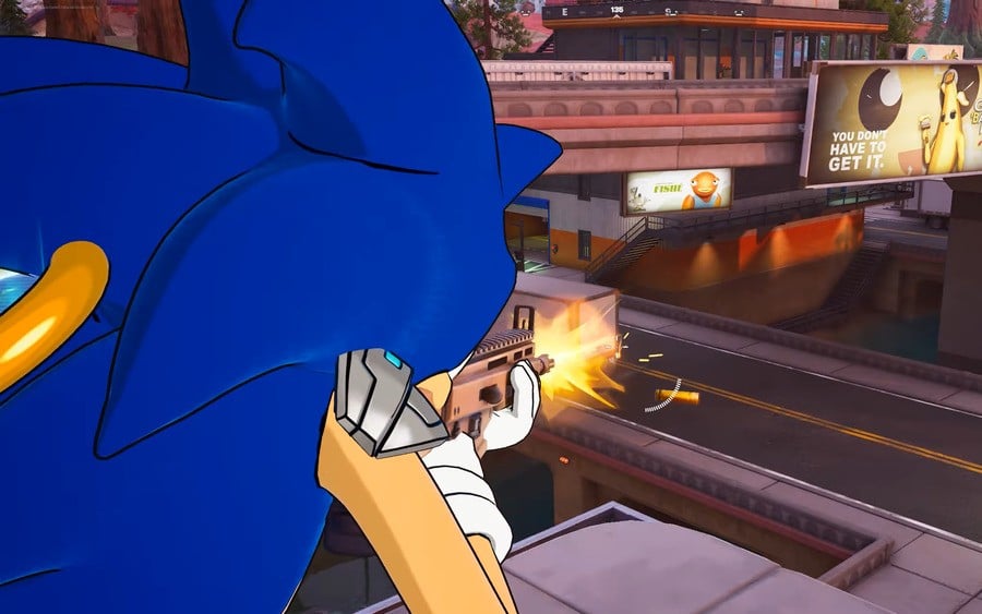 "Android Sonic" shooting a gun in Fortnite. —  Image: via Sonic Central on YouTube / SEGA, Epic Games