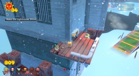 (Clockwise from top left) Grab a Propeller Box and start floating. You'll need to time your jumps to catch the windmills at the right time, and towards the top of the second tower, a leap of faith is required – just follow the gold rings and then press the jump button at the right moment. The Shine awaits at the top of the second, larger tower