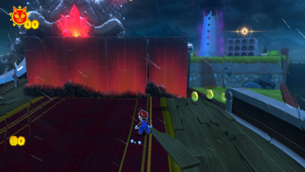 (Clockwise from top left) Head to the left of the ship to reach the Shine. Bowser's fire breath will break the boxes and reveal the stairs.