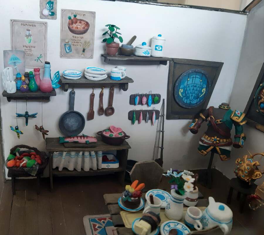 Tiny Link's House: the shelving includes teeny pots and pans, fishing lures, and recipe posters