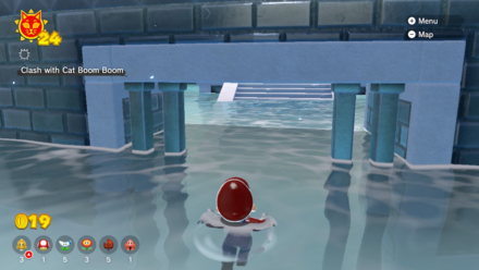 (Clockwise from top left) Enter the colosseum via the opening on the right-hand side. Climb the platform and you'll face Cat Boom Boom. Once defeated, he'll drop a Cat Shine