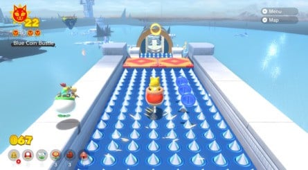 (Clockwise from top left) Push the button to start the challenge, and use the ice skate to get all three sets of blue coins. The Cat Shine awaits at the bottom of the slope