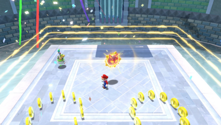 (Clockwise from top left) Enter the colosseum via the opening on the right-hand side. Climb the platform and you'll face Cat Boom Boom. Once defeated, he'll drop a Cat Shine