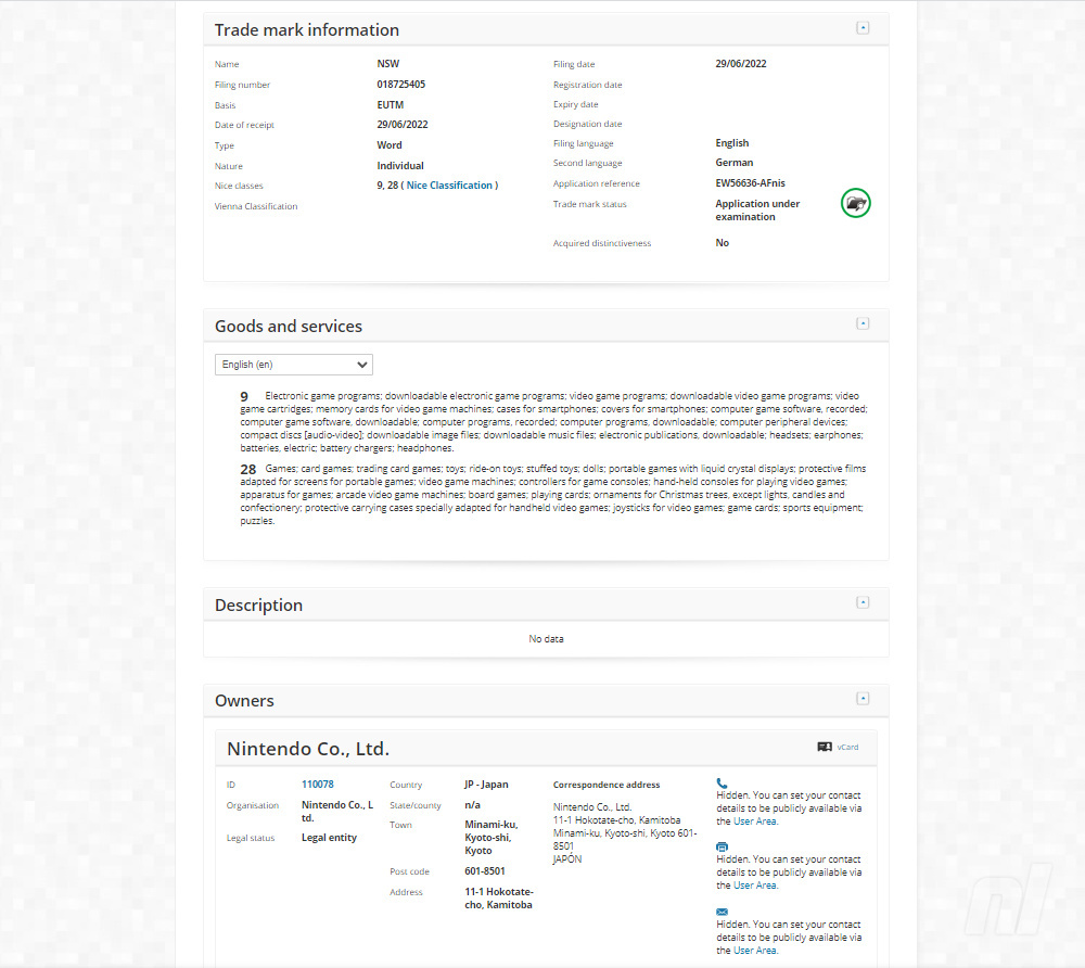 Nintendo NSW Trademark Application