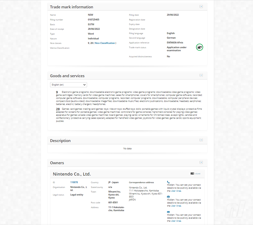 Nintendo NSW Trademark Application