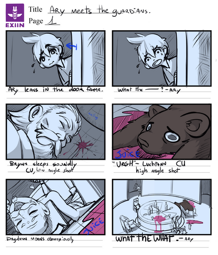 Sebastien was kind enough to show us some development material, including these storyboards and the script sample (below).