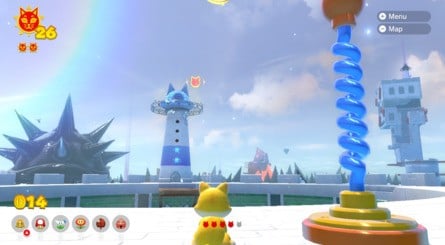 (Clockwise from top left) Climb the finger and pull backwards to 'prime' it, aiming in the direction shown. Release the analogue stick and Mario will fly through the air and collect the shard