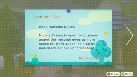 Billboard notice about reopening of upgraded Nook's Cranny shop