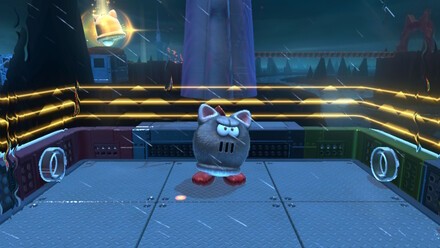 (Clockwise from top left) Ride the moving platforms up Mount Magmeow, taking care to avoid the spinning flames. When you reach the arena at the end, you'll trigger a boss fight – simply force your enemy close to one of the pipes and they'll get sucked in, popping out of another pipe in a vulnerable state
