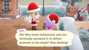 Villagers reacting to Santa costume after receiving gifts