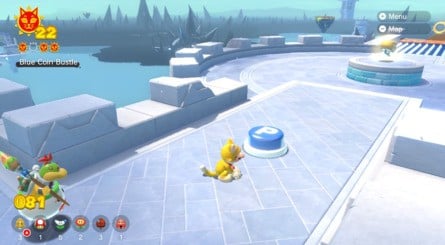 (Clockwise from top left) Push the button to start the challenge, and use the ice skate to get all three sets of blue coins. The Cat Shine awaits at the bottom of the slope