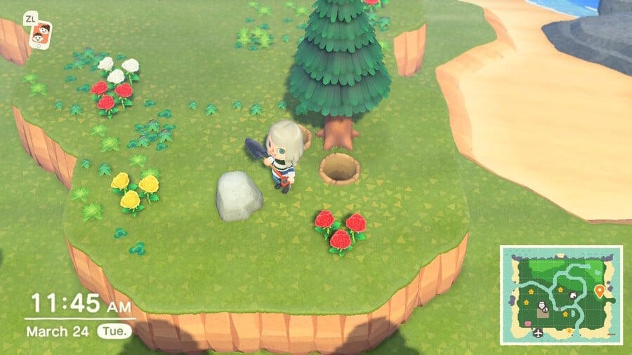 Clearing space around rocks and digging holes to prevent kickback before hitting rocks for iron ore in Animal Crossing: New Horizons