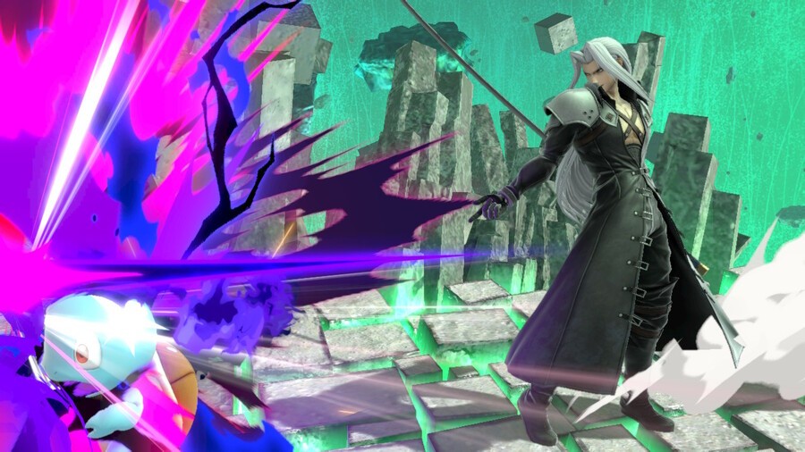 Sephiroth using his Shadow Flare attack on Squirtle