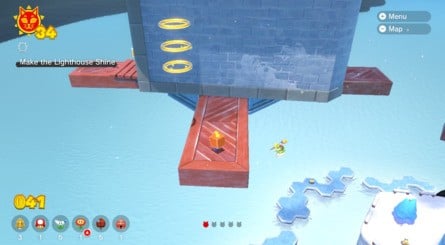 (Clockwise from top left) Grab a Propeller Box and start floating. You'll need to time your jumps to catch the windmills at the right time, and towards the top of the second tower, a leap of faith is required – just follow the gold rings and then press the jump button at the right moment. The Shine awaits at the top of the second, larger tower