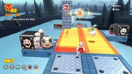 (Clockwise from top left) Ground pound the button and the course appears by magic, with the Cat Shine hidden behind a wall at the end. Navigate the platforms carefully, and use the Fire Flower power-up to take out the enemy and detonate a ball