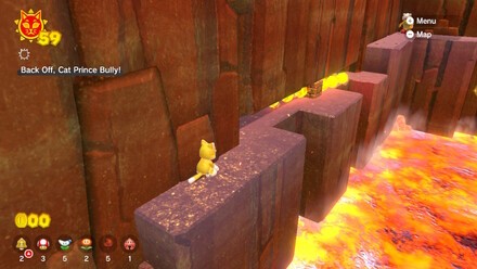 (Clockwise from top left) Ride the moving platforms up Mount Magmeow, taking care to avoid the spinning flames. When you reach the arena at the end, you'll trigger a boss fight – simply force your enemy close to one of the pipes and they'll get sucked in, popping out of another pipe in a vulnerable state