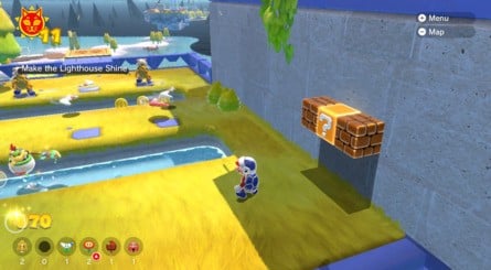 (Clockwise from top left) Use the bounce pads to climb up the island, and be prepared to take down some enemies along the way. The Shine is located at the base of the island's lighthouse