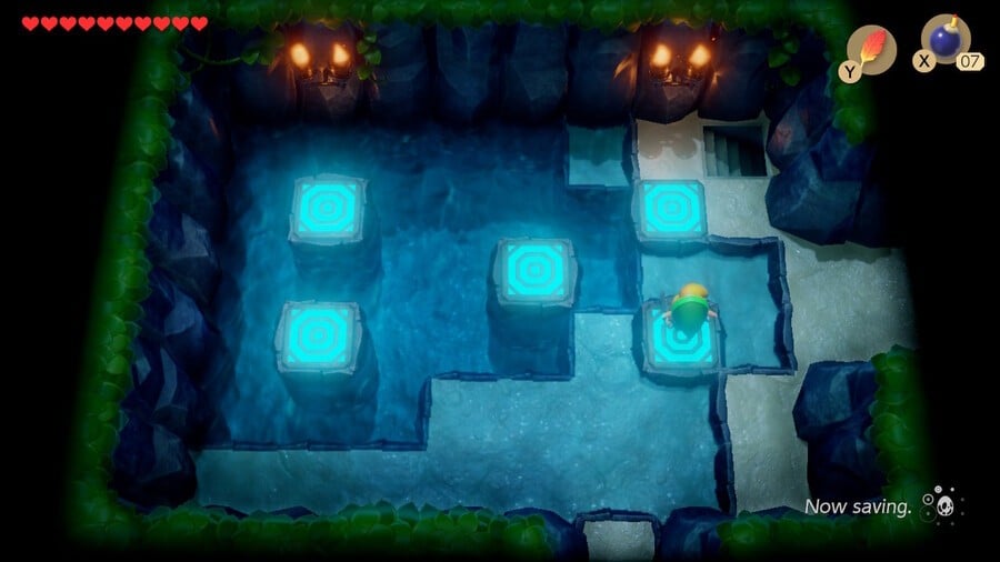 Link enters the correct sequences to step on the tiles in the partially flooded room