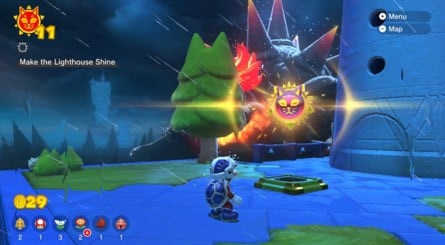 (Clockwise from top left) Use the bounce pads to climb up the island, and be prepared to take down some enemies along the way. The Shine is located at the base of the island's lighthouse