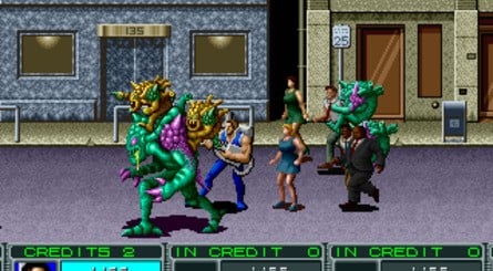 A selection of the games included on the Astro City Mini. Clockwise, from top-left: Alien Storm, Golden Axe, Golden Axe: Revenge of Death Adder, Dark Edge