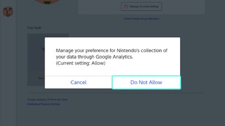 Nintendo Switch Online Applet Google Analytics Preferences Change