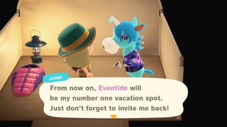 Asking Julian to move to island after scanning amiibo to campsite on second try in Animal Crossing: New Horizons