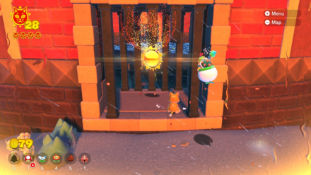 (Clockwise from top left) Once you've finished the third and final boss fight, you'll spot the Cat Shine in the wall. Leave the inside of the colosseum and you'll spot Bowser Blocks on the other side. Once Fury Bowser has unleashed his fire attack, it's yours