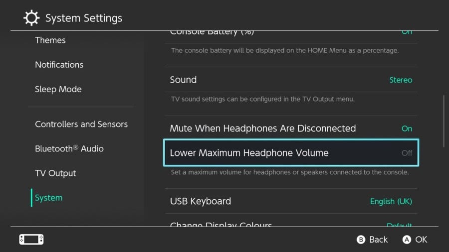 5. Interruptor Nintendo Reduz o volume máximo do fone de ouvido