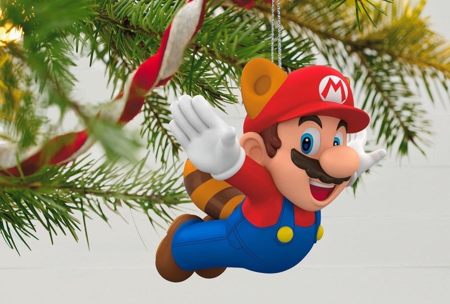Raccoon Mario hanging on the tree