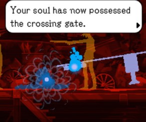 Screenshot of Ghost Trick: Sissel possesses a gate